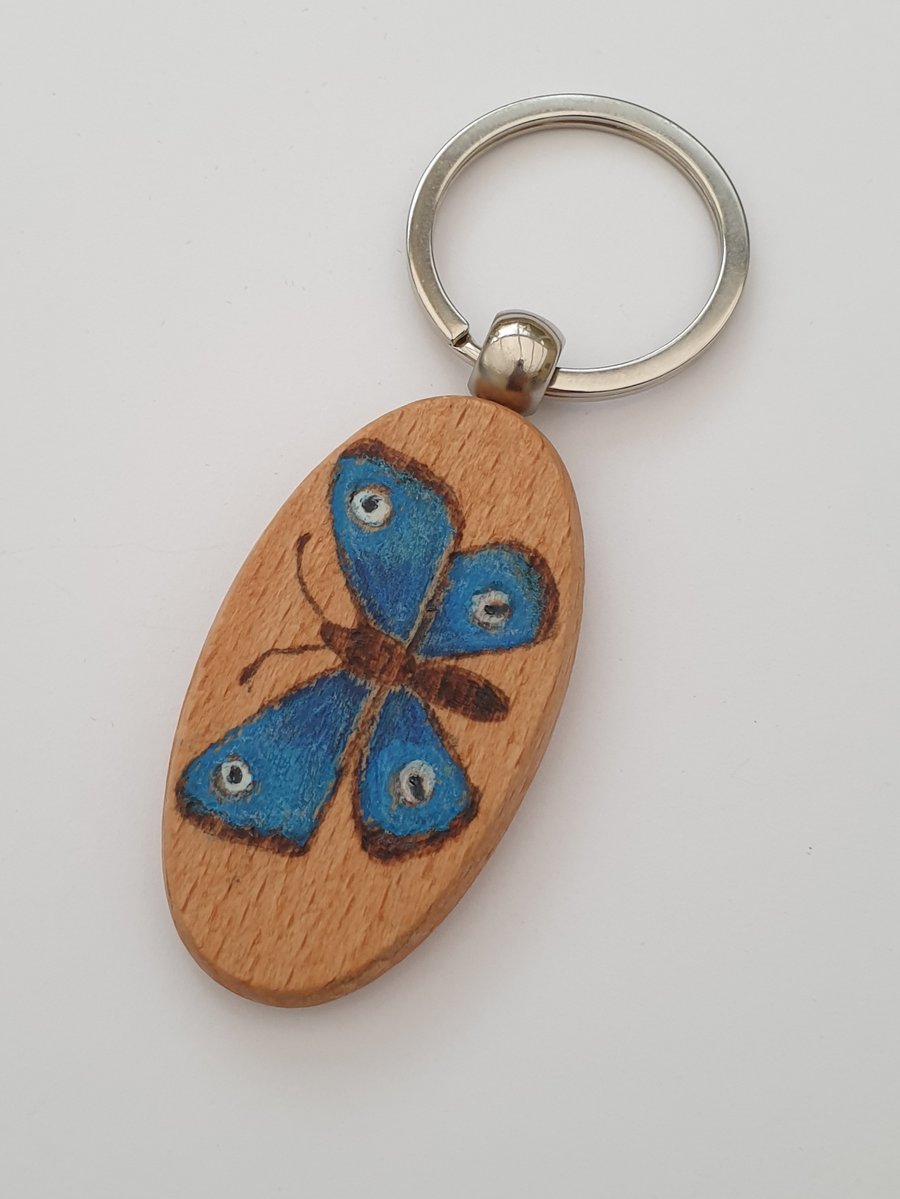 blue butterfly pyrography wooden keyring