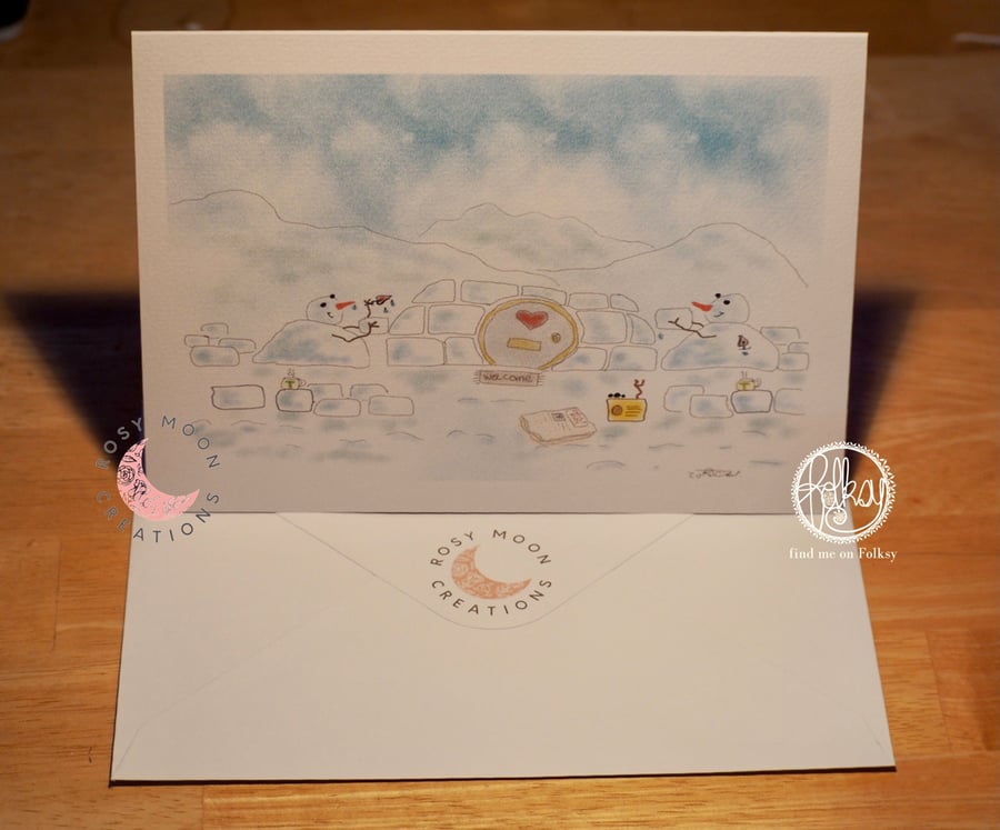 Snowpeople Building a New Home Together Blank Card