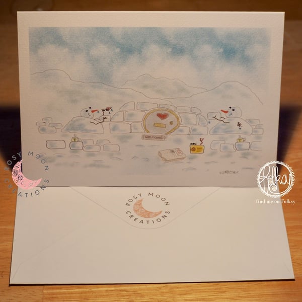 Snowpeople Building a New Home Together Blank Card