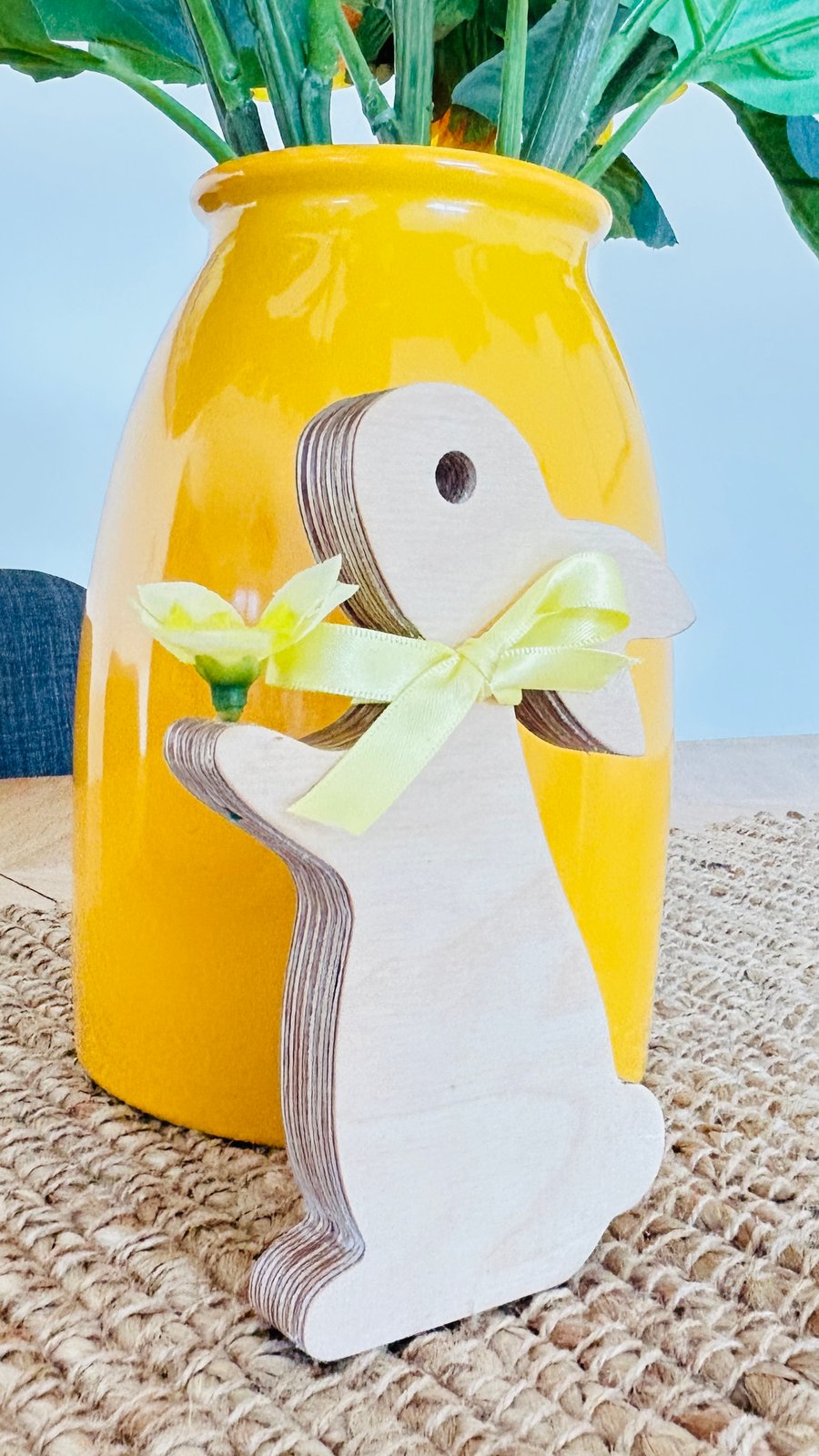 Handmade Wooden Easter, Spring Bunny with Yellow Ribbon and Flower 