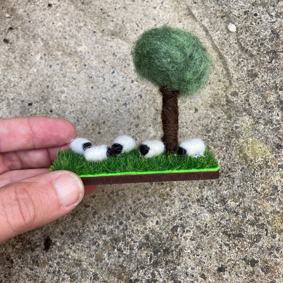 Miniature felted scene, sheep grazing under tree
