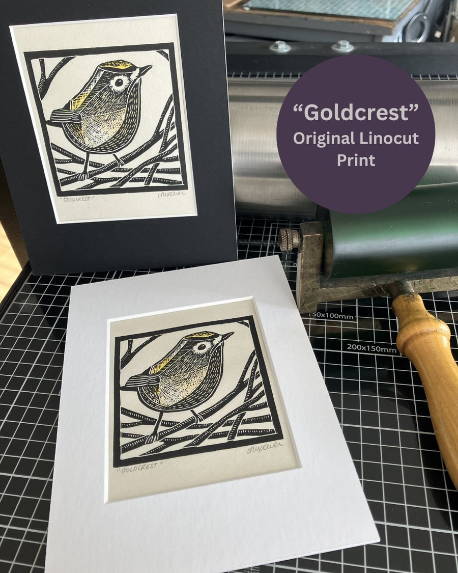 Linocut Print - Goldcrest - Bird Print - Original Artwork