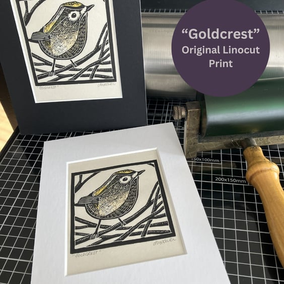 Linocut Print - Goldcrest - Bird Print - Original Artwork