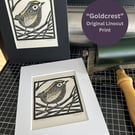 Linocut Print - Goldcrest - Bird Print - Original Artwork