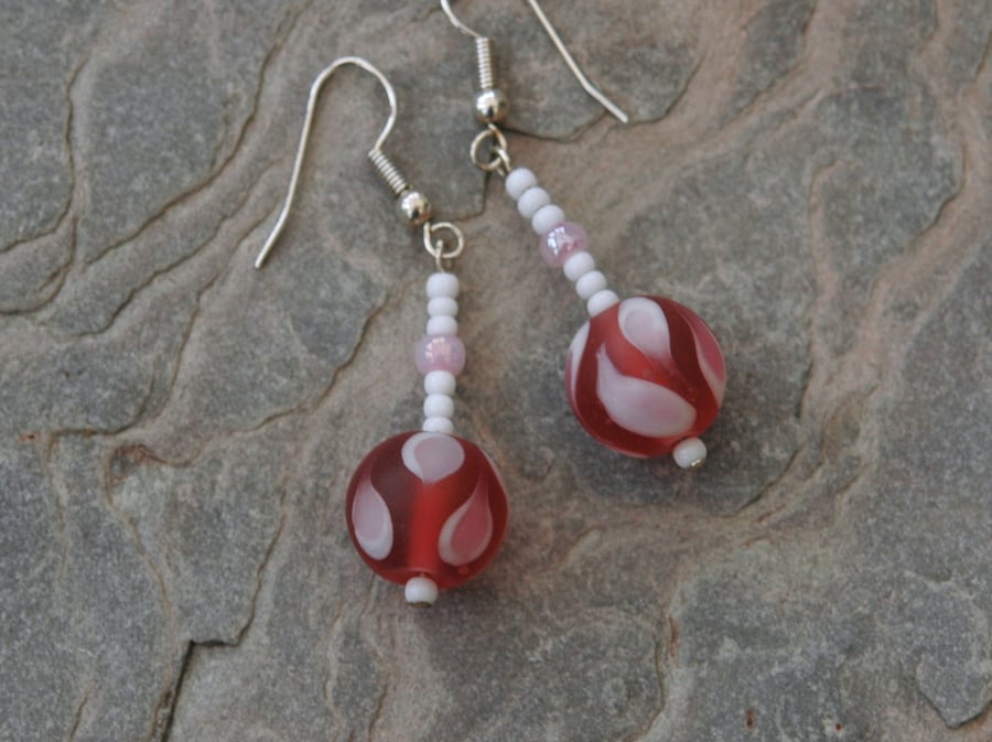 Cherry pink and white lampwork bead drop earrings