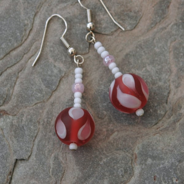 Cherry pink and white lampwork bead drop earrings