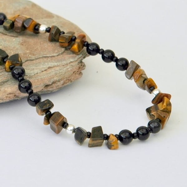 Sterling Silver Necklace and Earrings with Golden Tiger's Eye and Agate