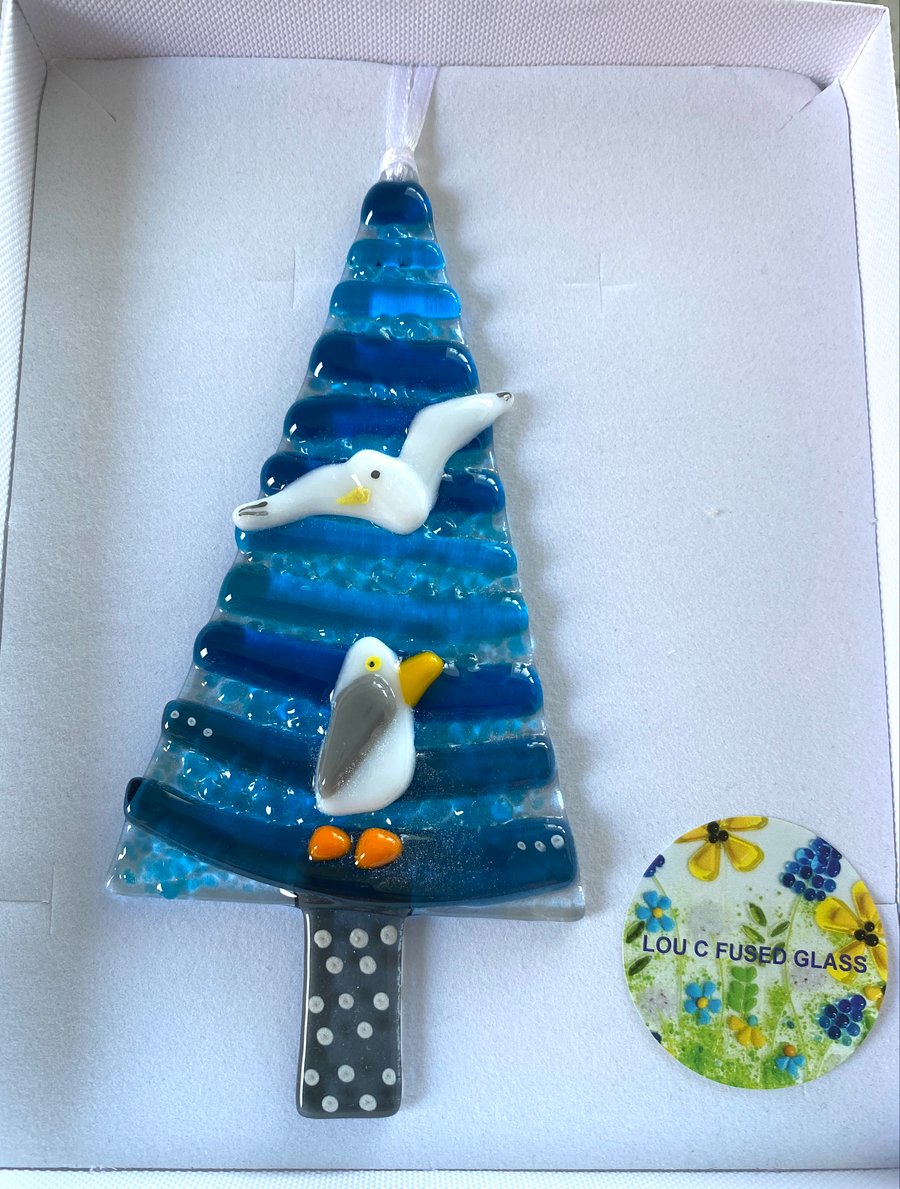 Large fused glass seagull Christmas tree decoration 