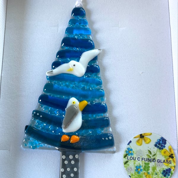 Large fused glass seagull Christmas tree decoration 