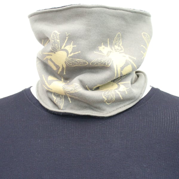 Green Neck warmer, hand printed bee print,Handmade stretch cotton Snood scarf.