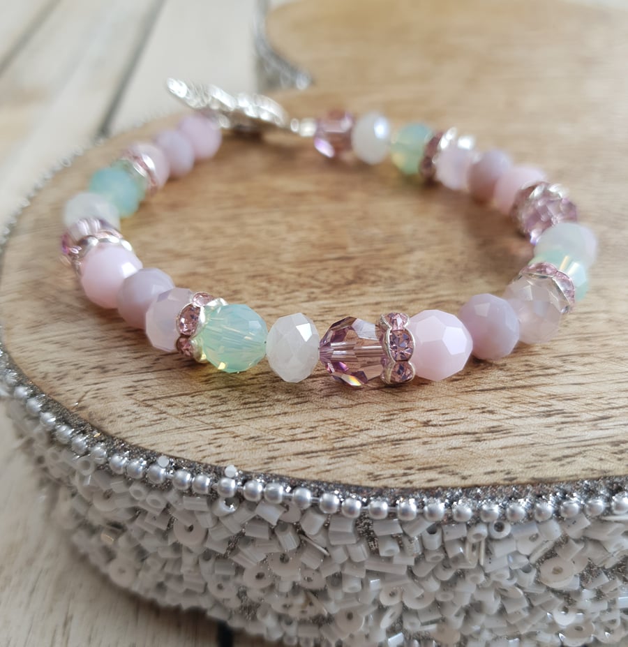 Beaded Bracelet - Pink & Mint Swarovski Crystal Mix With Floral Toggle Clasp
