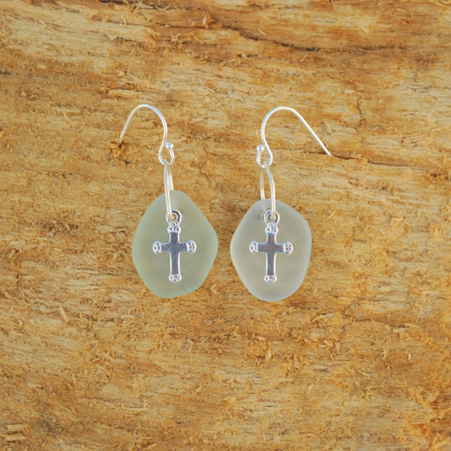 Beach glass earrings with silver crosses