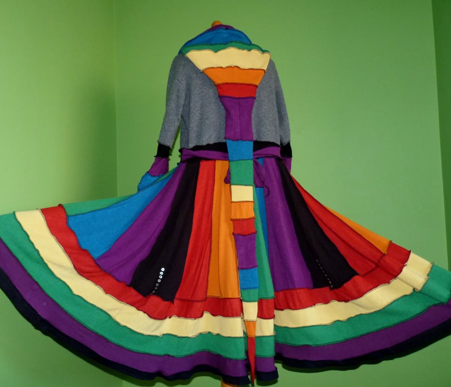 Rainbow Upcycled Coat with Long Hood  Button Front Pockets Waist and Neck Ties.