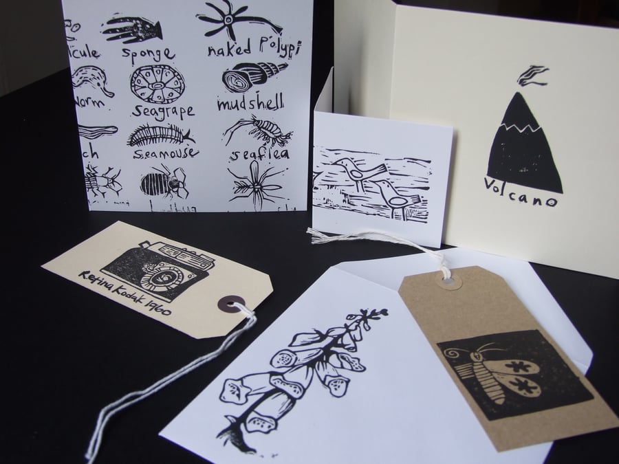A set of handprinted stationery items, with flowers, birds, a camera etc