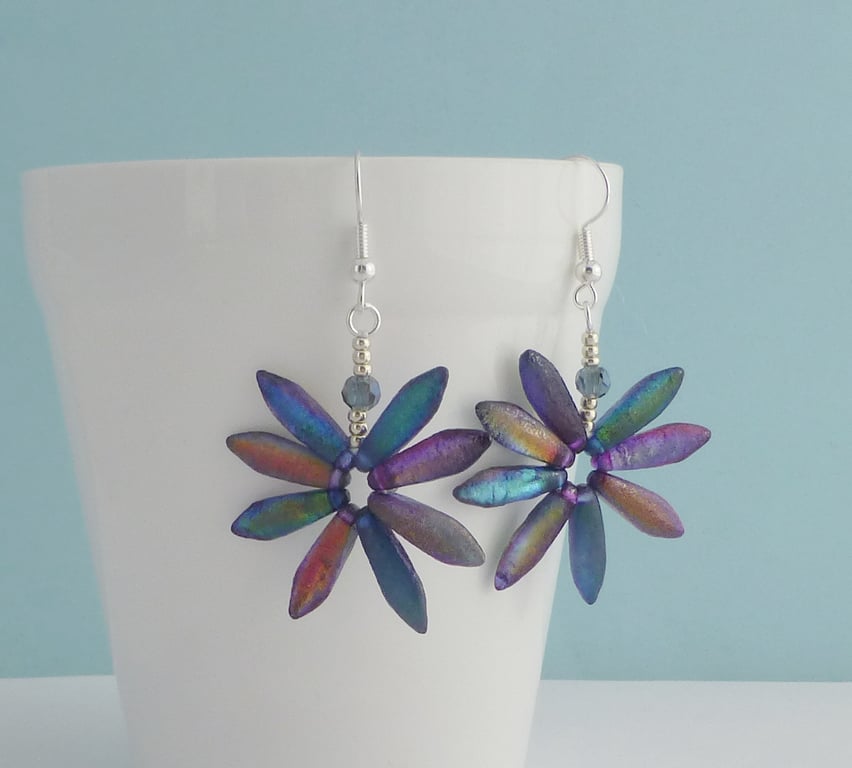 Funky Iridescent Metallic Rainbow Daisy Earrings