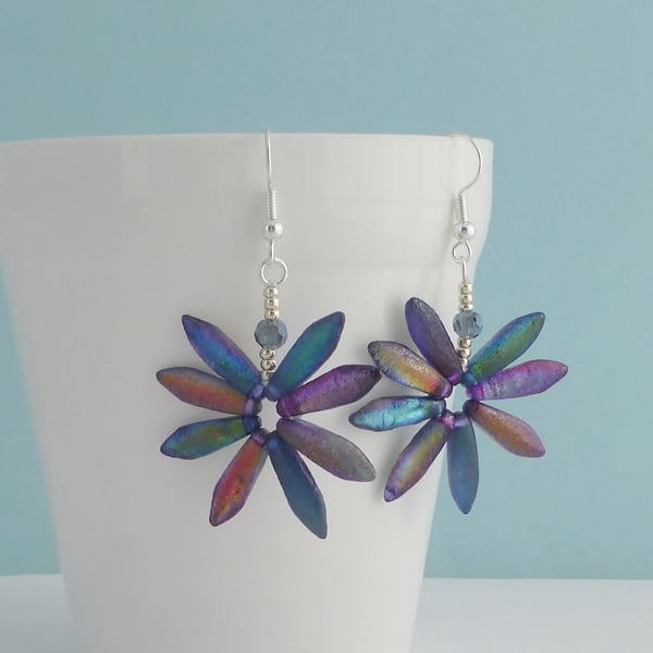 Funky Iridescent Metallic Rainbow Daisy Earrings