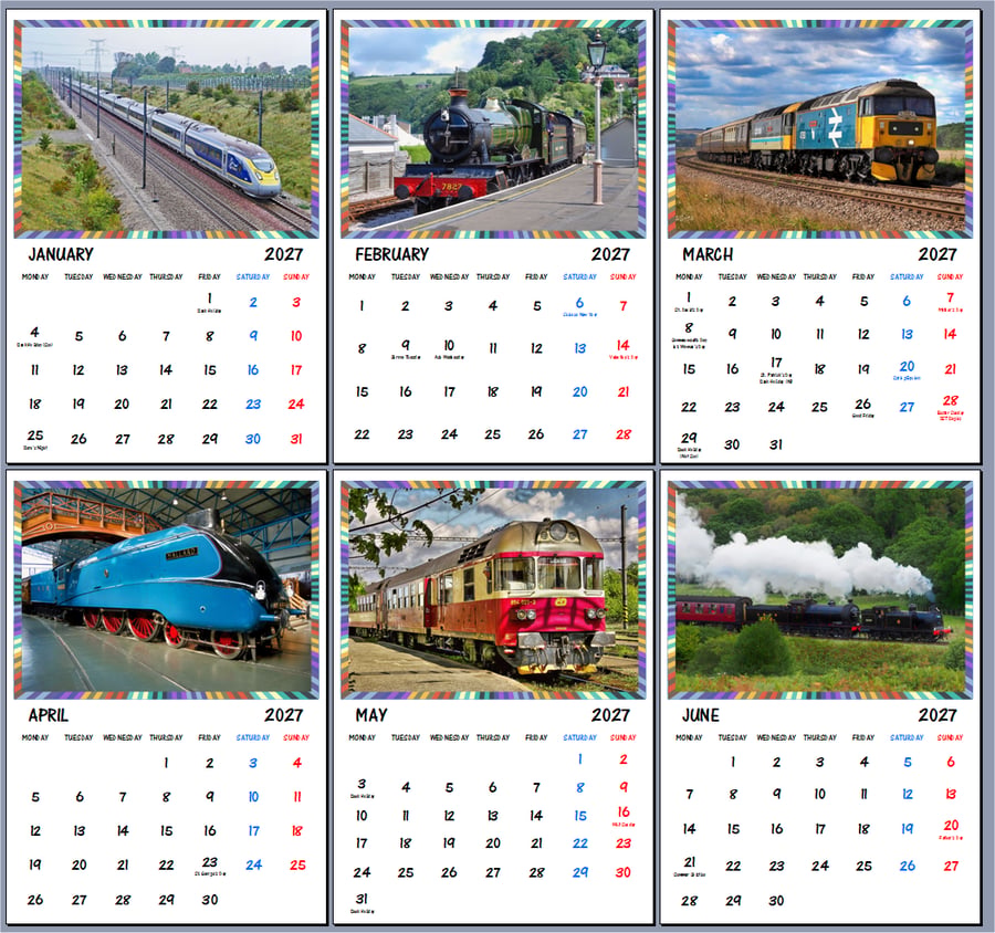 2027 Calendar Mixed Steam Trains & Modern Trains A4 Size Wall Hanging 