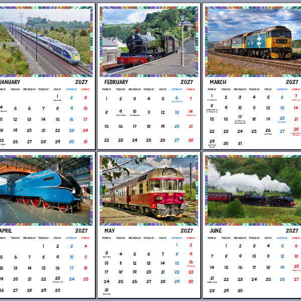 2027 Calendar Mixed Steam Trains & Modern Trains A4 Size Wall Hanging 