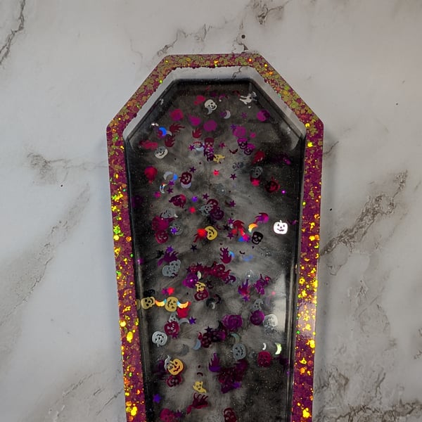 Resin Coffin Tray – Glitter Rim with Halloween Confetti