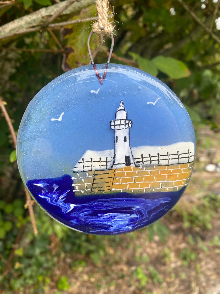 Fused Glass Hand painted Landmark Bauble, Folkstone Lighthouse-Harbour