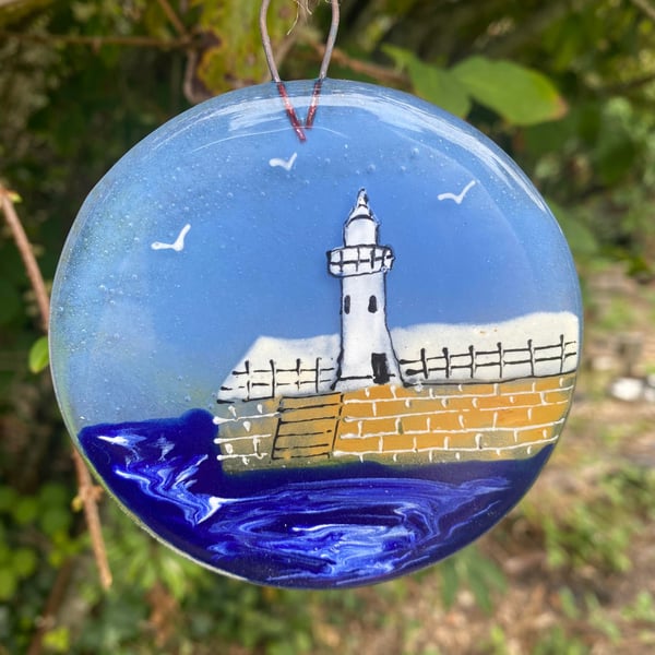 Fused Glass Hand painted Landmark Bauble, Folkstone Lighthouse-Harbour