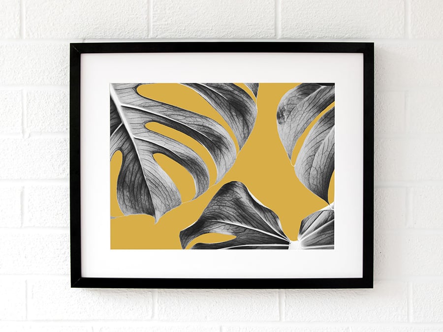 Monstera leaf print - Mustard Living room wall art - Yellow and grey wall art
