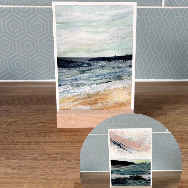 Two Mini Seascape Prints with Wooden Stand - Set 2