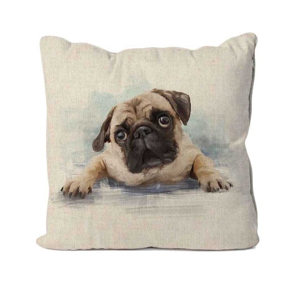 Handmade Pug Dog Design Cushion-Linen. Size 40x40cm- (16"x16") CUS225