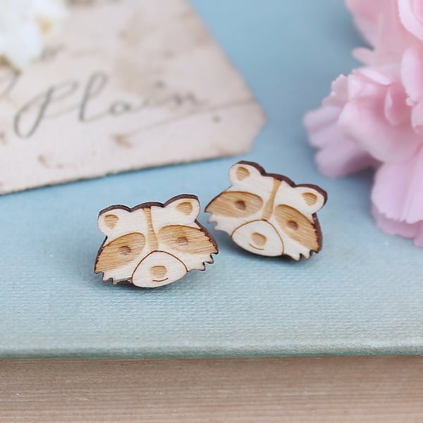  Wooden Racoon Stud Earrings