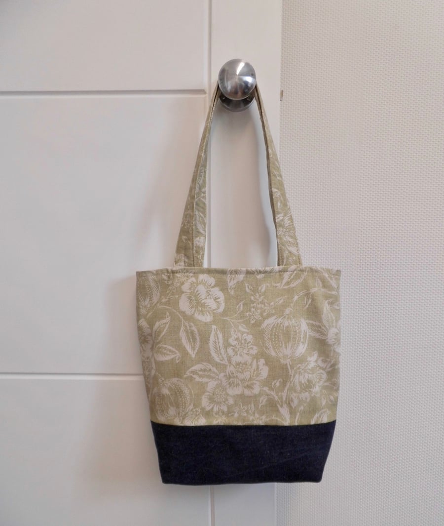 SOLD Tote bag in denim and green with long handles and boxed base.