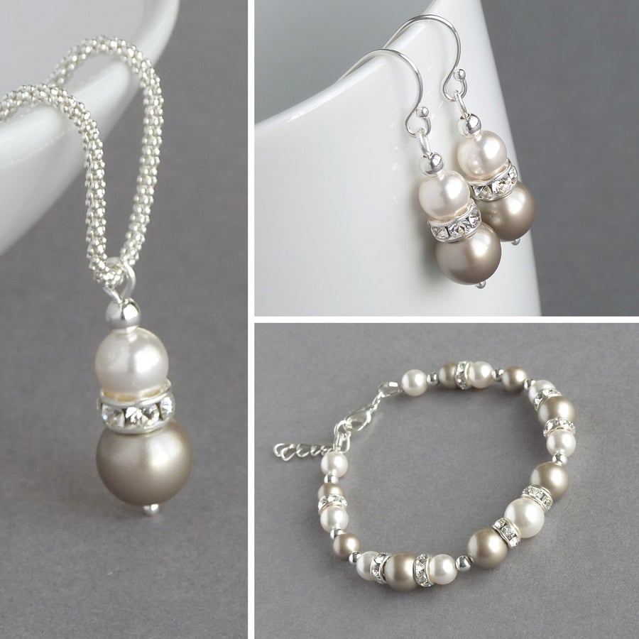 Champagne Pearl Jewellery Set - Beige Wedding Necklace, Bracelet and Earrings