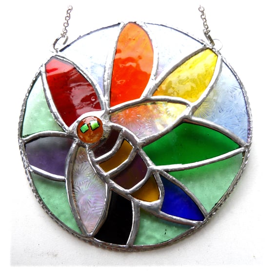 Bee on Rainbow Flower Stained Glass Suncatcher Handmade