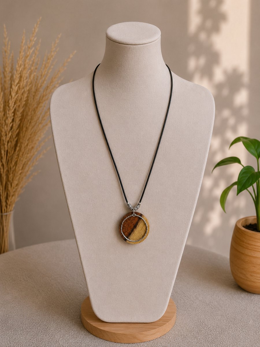Upcycled Round Wood Pendant & Swinging Steel Ring Wood Jewellery