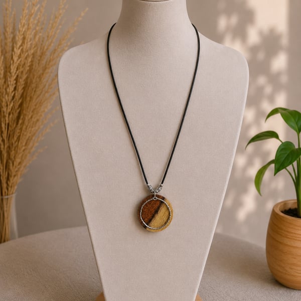 Upcycled Round Wood Pendant & Swinging Steel Ring Wood Jewellery