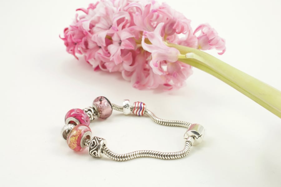 Sterling Silver Charm Bracelet with Pink Glass Charm Beads 