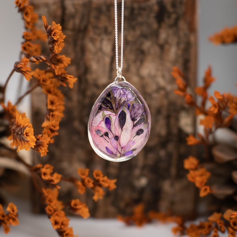 Real 3D Flower Teardrop Necklace, Sterling Silver Botanical Pendant
