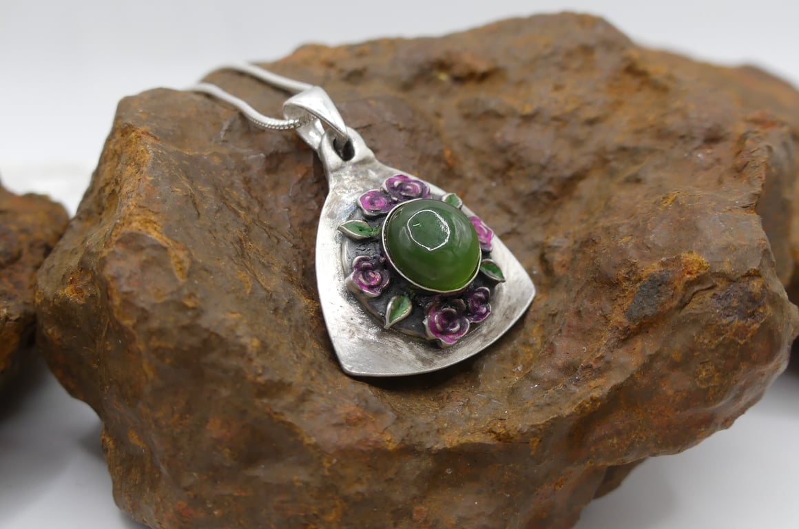 Sterling Silver Shield of Roses Pendant with Nephrite Jade Gemstone Necklace.