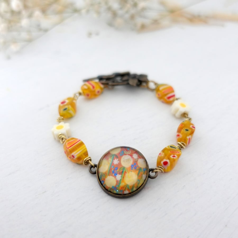 Art Print Pendant Bracelet with Yellow Glass Beads, Handmade Statement Jeweller