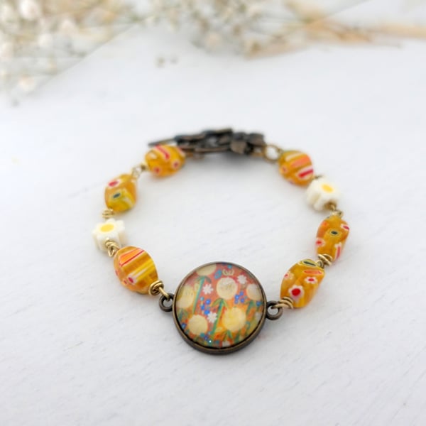 Art Print Pendant Bracelet with Yellow Glass Beads, Handmade Statement Jeweller