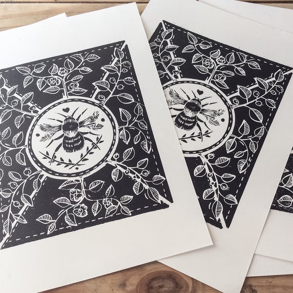 Little bee Lino print. Black