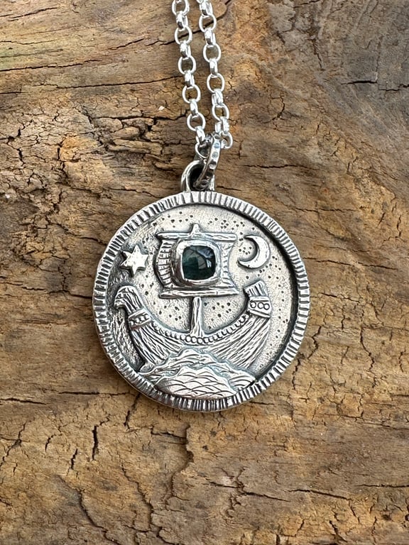 Viking Ship Coin Pendant with Tourmaline