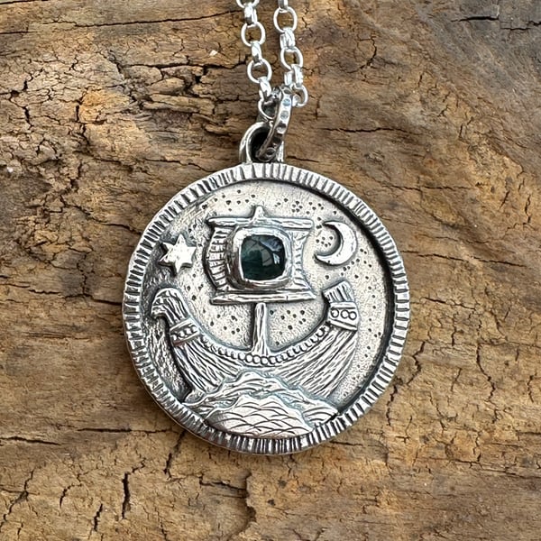 Viking Ship Coin Pendant with Tourmaline