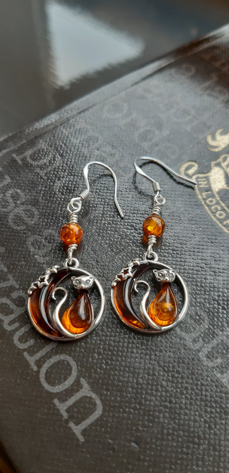 Baltic Amber Cat and the Moon Sterling Silver Earrings 