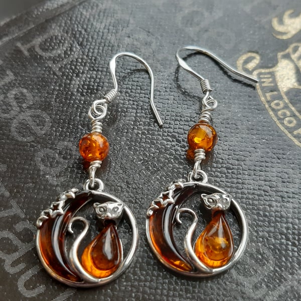 Baltic Amber Cat and the Moon Sterling Silver Earrings 