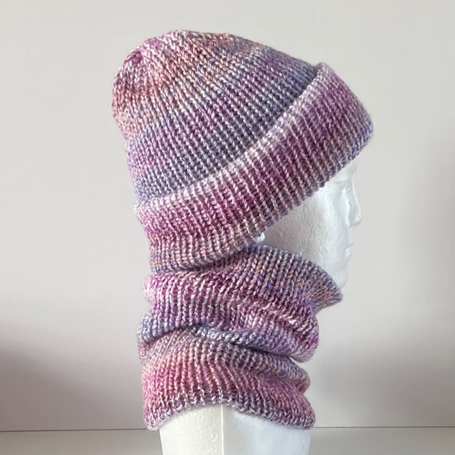 Pink Hat and Neckwarmer Set, Double Layered Reversible Knitted Winter Gift
