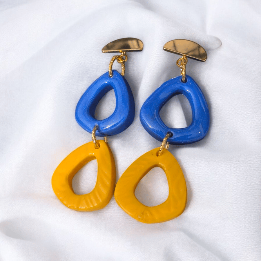 Yellow and Blue triangle shaped handmade polymer clay dangle earrings 