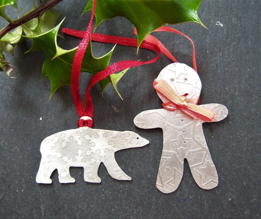 Polar bear and Gingerbreadman hanging ornaments - 2 items