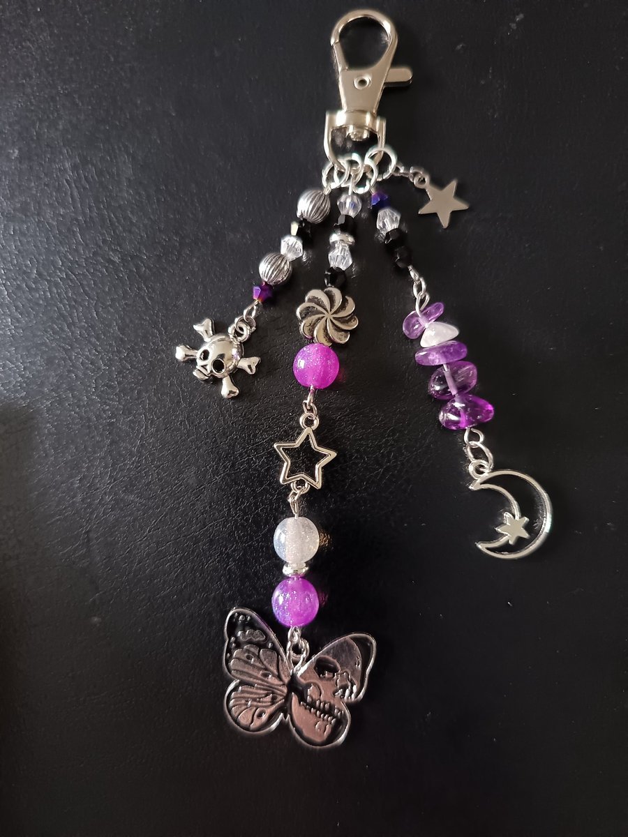 Black and purple beaded gothic bag charm with crystal chip and charms