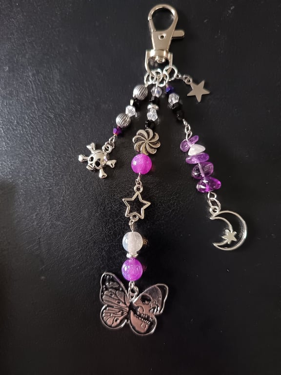 Black and purple beaded gothic bag charm with crystal chip and charms