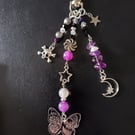 Black and purple beaded gothic bag charm with crystal chip and charms
